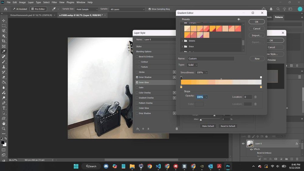 Photoshop's Gradient Editor dialog, showing a grid of preset gradient swatches grouped by color family, a gradient preview bar with color stops, and Opacity and Location fields for the selected stop
