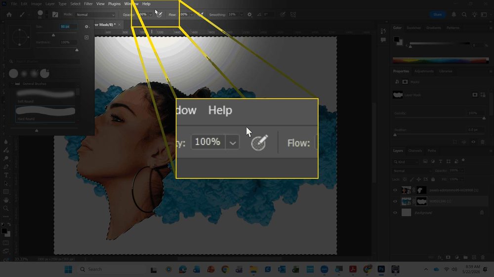 Photoshop's Brush picker panel open over a layer mask, showing Size, Hardness, and a list of brush presets including Soft Round and Hard Round, while touching up a mask edge on a real portrait