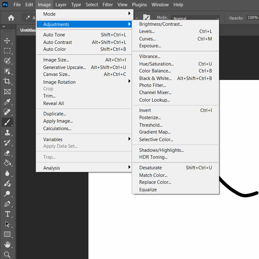 Photoshop's Image menu with Adjustments open, listing Brightness/Contrast, Levels, Curves, Exposure, Vibrance, Hue/Saturation, Color Balance, Black and White, Photo Filter, Channel Mixer, Color Lookup, Invert, Posterize, Threshold, Gradient Map, Selective Color, Shadows/Highlights, HDR Toning, Desaturate, Match Color, Replace Color, and Equalize