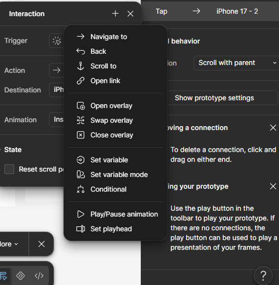The Action dropdown in Figma's Interaction panel, listing Navigate to, Back, Scroll to, Open link, Open overlay, Swap overlay, Close overlay, Set variable, Set variable mode, Conditional, Play/Pause animation, and Set playhead.