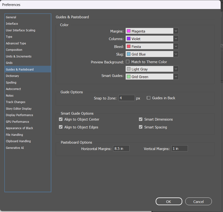 InDesign's Preferences dialog, Guides & Pasteboard pane, showing default guide colors: Margins in Magenta, Columns in Violet, Bleed in Fiesta, Slug in Grid Blue, plus Snap to Zone and Smart Guide options.