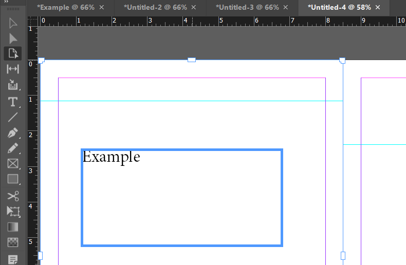 An empty InDesign page showing three non-printing guide colors: a magenta margin guide along the top, a black column guide, and a cyan horizontal guide crossing a purple vertical guide.