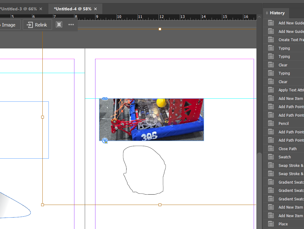 A placed photograph on an InDesign page with a small link/chain badge icon in its top-left corner and a second badge icon in its bottom-left corner, plus a Relink button visible in the Properties panel.