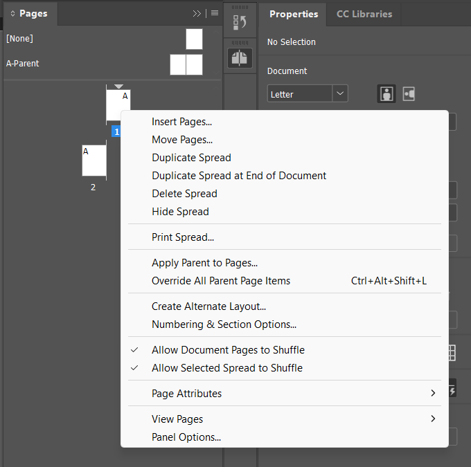 The Pages panel's right-click menu open on a spread, showing Insert Pages, Move Pages, Duplicate Spread, Delete Spread, Apply Parent to Pages, and a Parent Pages submenu with Save as Parent and Load Parent Pages options.