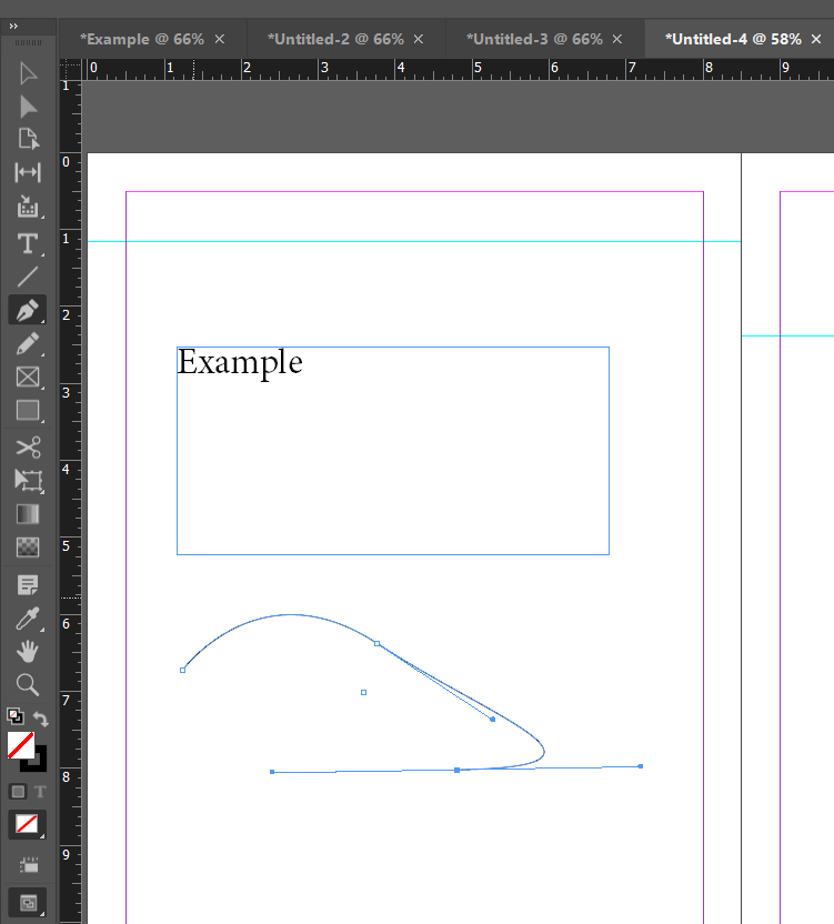 A text frame containing the word "Example" on an InDesign page, with pink and cyan guide lines visible and the Pen and Pencil tools shown in the Tools panel on the left.