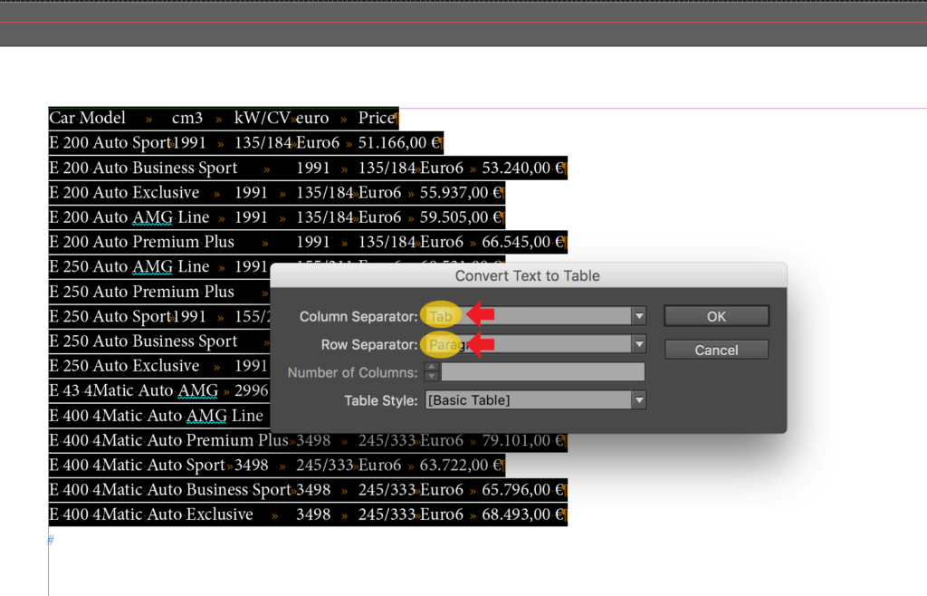 A block of tab-separated car pricing data selected and highlighted, with the Convert Text to Table dialog open showing Column Separator set to Tab and Row Separator set to Paragraph.
