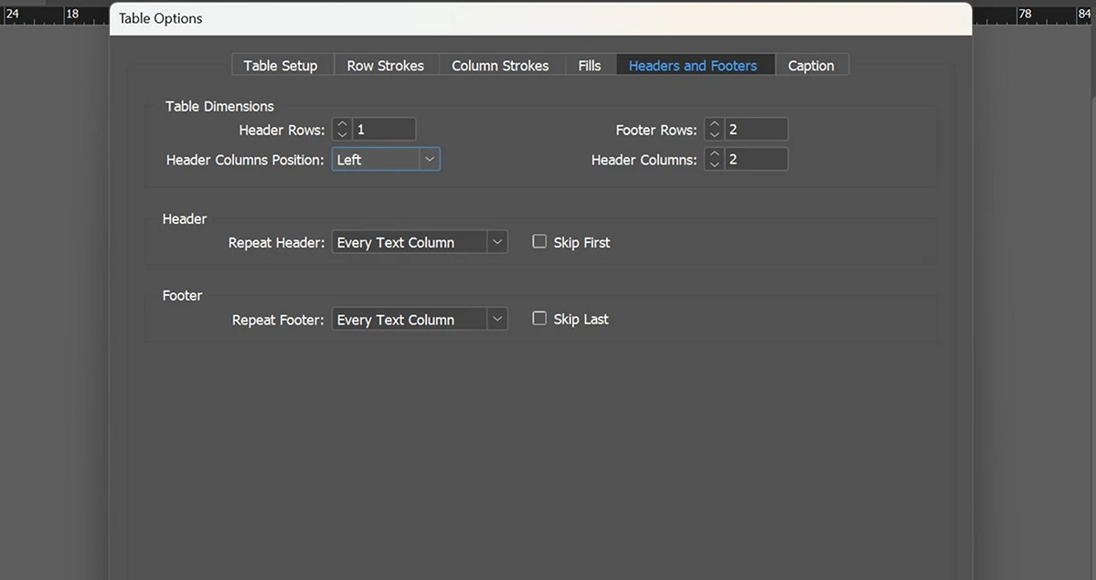 The Table Options dialog's Headers and Footers tab, showing Header Rows: 1, Footer Rows: 2, Header Columns: 2, Header Columns Position: Left, and Repeat Header/Repeat Footer set to Every Text Column.