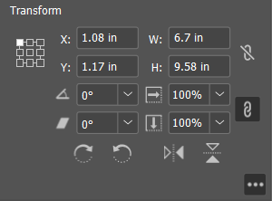 The Transform panel showing X 1.08in, Y 1.17in, W 6.7in, H 9.58in, rotation and shear angle fields both at 0 degrees, scale fields at 100%, and flip-horizontal/flip-vertical icons.