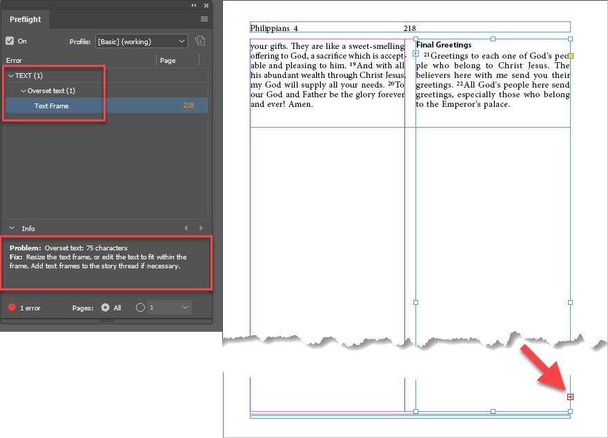 The Preflight panel flagging one real error: TEXT, Overset text, Text Frame, on page 218. The Info section reads 'Problem: Overset text: 75 characters. Fix: Resize the text frame, or edit the text to fit within the frame.' Next to the panel, the actual page layout shows a small red overset icon in the bottom-right corner of a linked text frame.