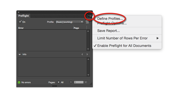 The Preflight panel in its clean, no-errors state (green dot), with its flyout menu open showing Define Profiles, Preflight Options, Save Report, Limit Number of Rows Per Error, and Enable Preflight for All Documents.