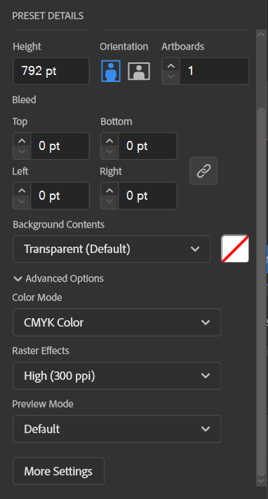 The New Document dialog's Preset Details panel, showing Height 792pt, Orientation, an Artboards count field, Bleed settings, Background Contents set to Transparent, Color Mode set to CMYK, and Raster Effects at High (300ppi).