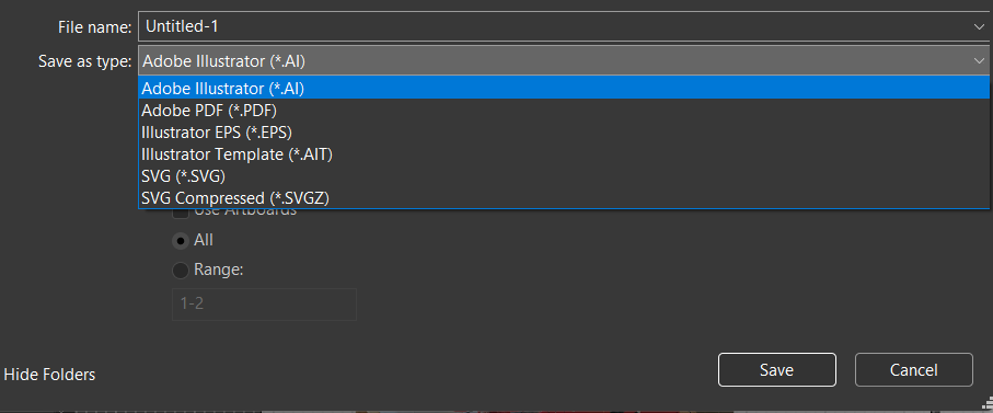 The Save As dialog's format dropdown open, listing Adobe Illustrator (*.AI), Adobe PDF (*.PDF), Illustrator EPS (*.EPS), Illustrator Template (*.AIT), SVG (*.SVG), and SVG Compressed (*.SVGZ).
