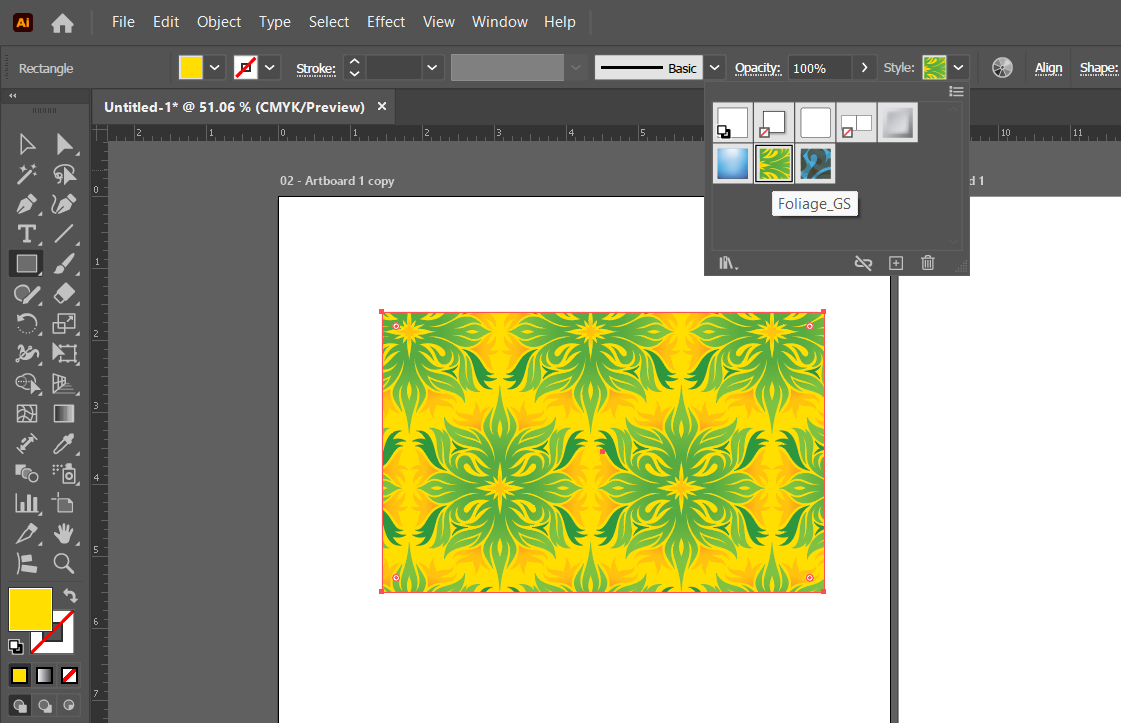 A rectangle filled with a green-and-yellow foliage pattern, with the Graphic Styles panel open showing the 'Foliage_GS' style selected among a row of style swatches.