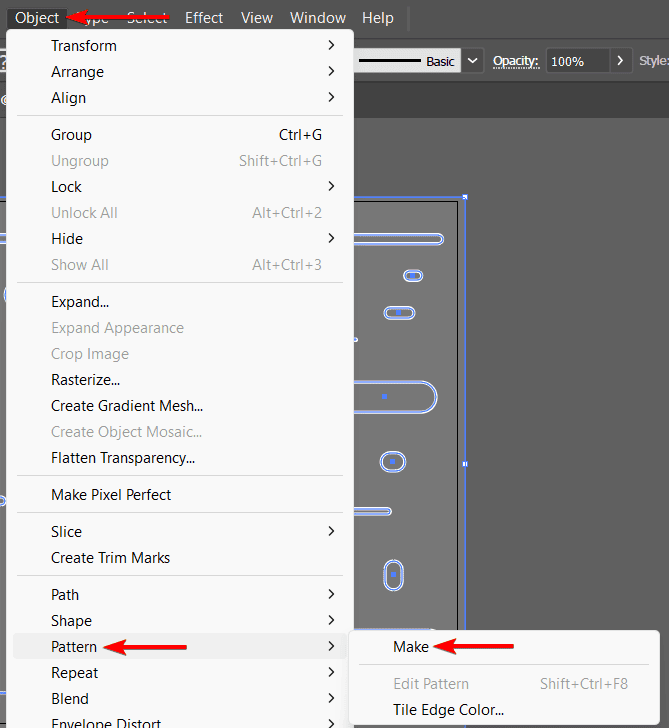 The Object menu with Pattern submenu open, showing Make highlighted above Edit Pattern and Tile Edge Color.