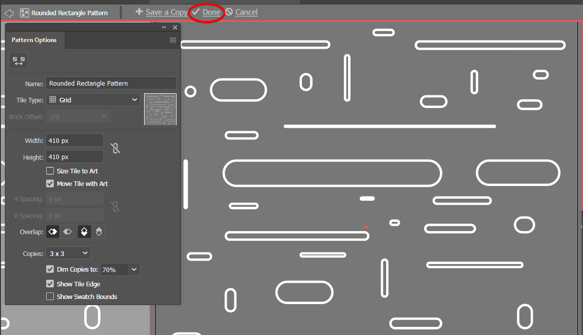 The Pattern Options panel in Pattern Editing mode, showing Tile Type set to Grid, Width and Height both 410px, Copies set to 3x3, Dim Copies to 70%, with a live preview of the tiled pattern filling the canvas.