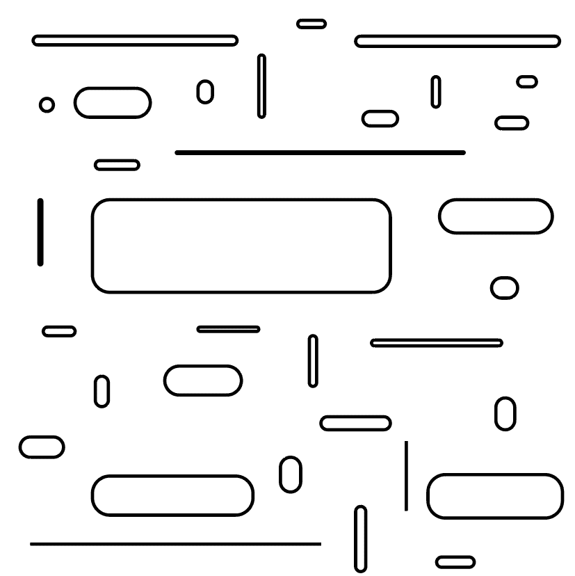 A loose arrangement of simple black-outlined shapes -- short lines, rounded pills, small ovals -- scattered across the artboard, unfilled.