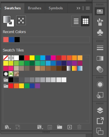 The Swatches panel, showing Recent Colors and a full grid of Swatch Tiles organized by color family, plus grayscale and saved swatch-group folders at the bottom.