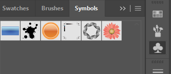 The Symbols panel showing a default set of symbol thumbnails, including simple shapes, a flower graphic, and abstract icons.