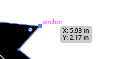 The Direct Selection tool hovering over an anchor point on a black filled shape, showing a tooltip labeled 'anchor' with X and Y coordinate readouts.