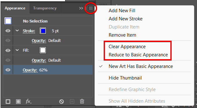 The Appearance panel's flyout menu open, with Clear Appearance and Reduce to Basic Appearance both highlighted in a red box.