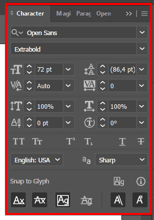 The Character panel, showing font (Open Sans), style (Extrabold), size (72pt), leading, kerning, tracking, horizontal/vertical scale, baseline shift, and character rotation fields.