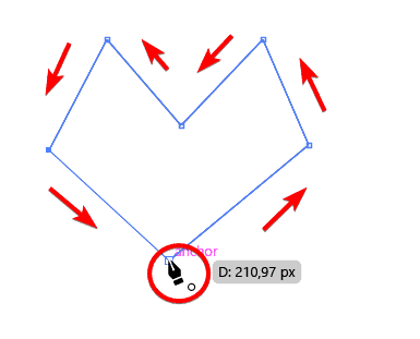 The Anchor Point tool hovering over a sharp corner point at the bottom of a zigzag path, with directional arrows showing the corner about to be converted into a smooth curve, and a distance tooltip reading D: 210.97 px.