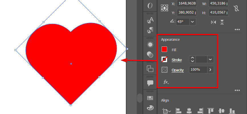 The finished red heart shape, selected, with the Appearance panel open showing its Fill, Stroke, and Opacity.