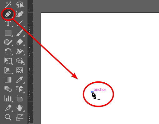 The Pen tool selected in the Tools panel, cursor hovering over a blank artboard with an 'anchor' tooltip, ready to place the first point.