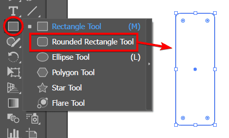 The Rounded Rectangle Tool selected from the Shape Tools flyout, with a tall rounded rectangle drawn on the artboard.