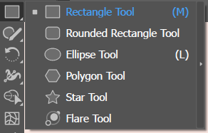 A tool flyout menu listing the Rectangle Tool, Rounded Rectangle Tool, Ellipse Tool, Polygon Tool, Star Tool, and Flare Tool.