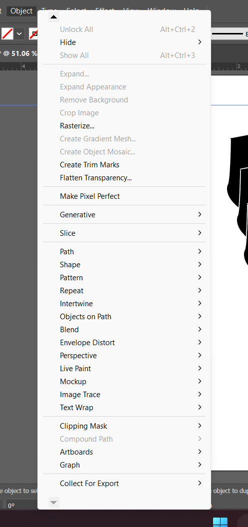 The Object menu's bottom section, showing Live Paint, Mockup, Image Trace, Text Wrap, and Clipping Mask, with Clipping Mask's submenu arrow visible.