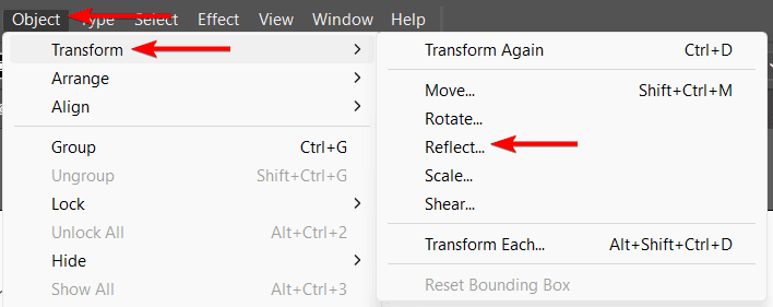 The Object menu's Transform submenu open, showing Move, Rotate, Reflect, Scale, Shear, and Transform Each, with Reflect highlighted.