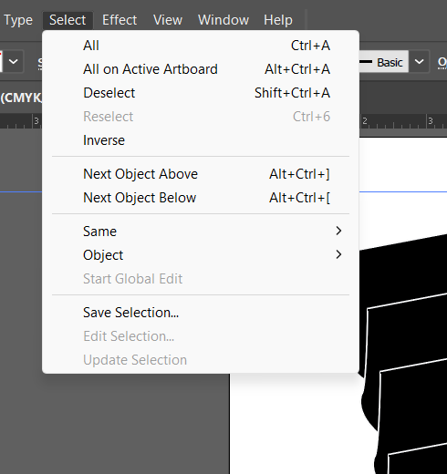 The Select menu open, showing All, All on Active Artboard, Deselect, Reselect, Inverse, Next Object Above, Next Object Below, Same, and Object, with Same and Object each expanding to a submenu.