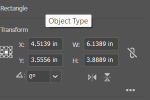 The Transform panel section of the Properties panel, showing numeric X and Y position fields and W (width) and H (height) fields for a selected object.