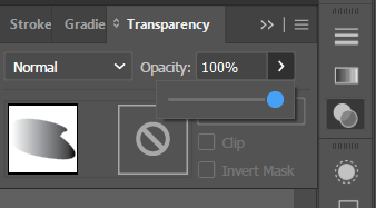 The Transparency panel, showing a blend mode dropdown set to Normal, an Opacity field at 100%, a small artwork thumbnail, and unchecked Clip and Invert Mask checkboxes.