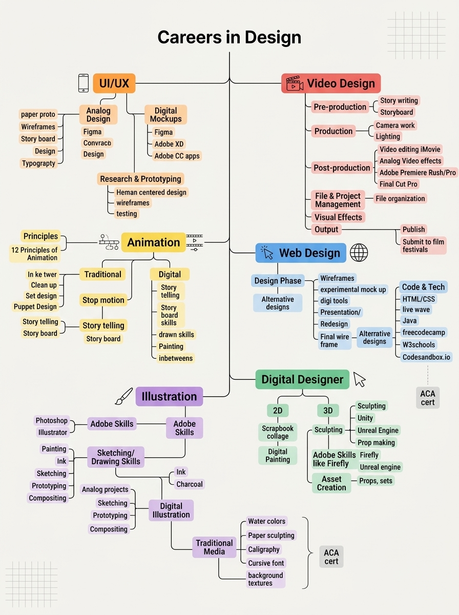 Hand-drawn mind map titled "Careers in Design" showing six branches: UI/UX, Video Design, Web Design, Digital Designer, Animation, and Illustration, each broken into sub-skills and tools.
