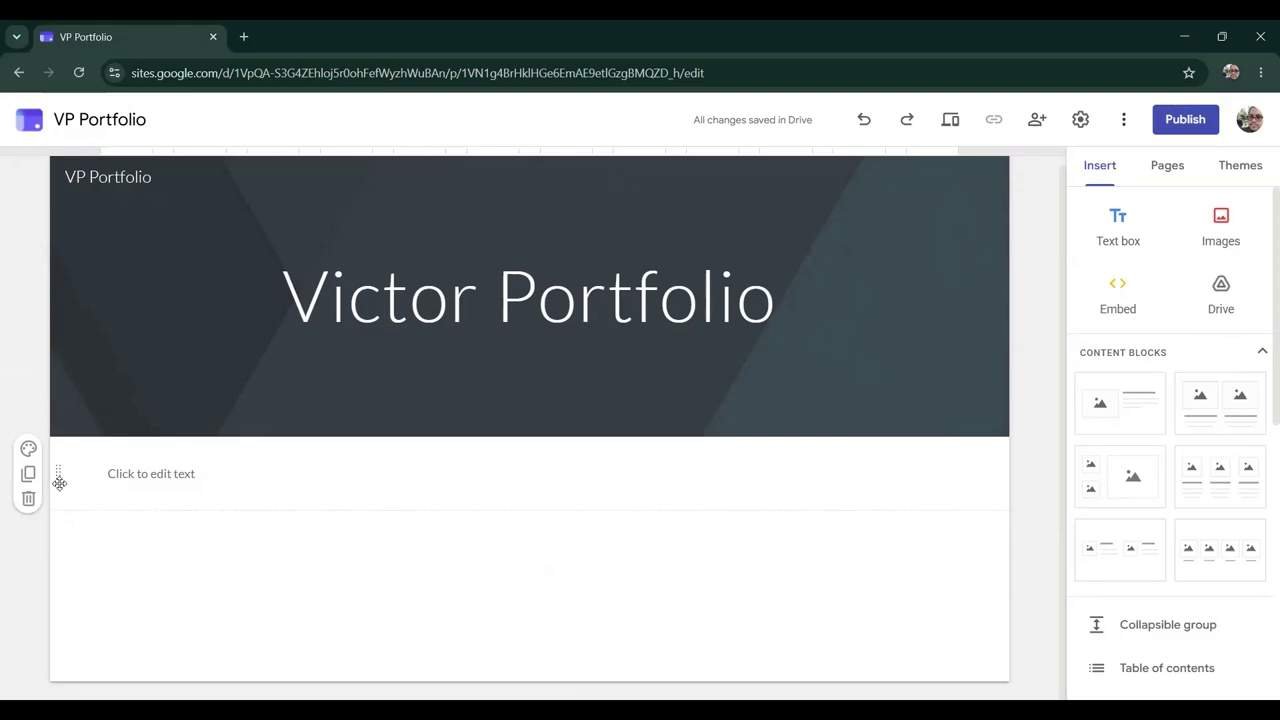 The real Google Sites editor, mid-build, with the Insert tab open showing Text box, Images, Embed, and Drive options, plus a grid of Content Block layouts