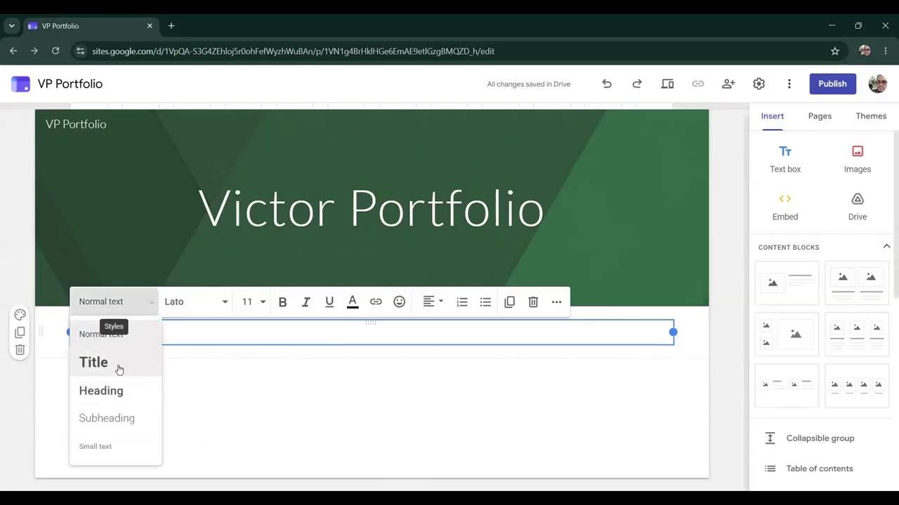 The real Google Sites text-formatting toolbar open, showing a Styles dropdown with Normal text, Title, Heading, and Subheading options