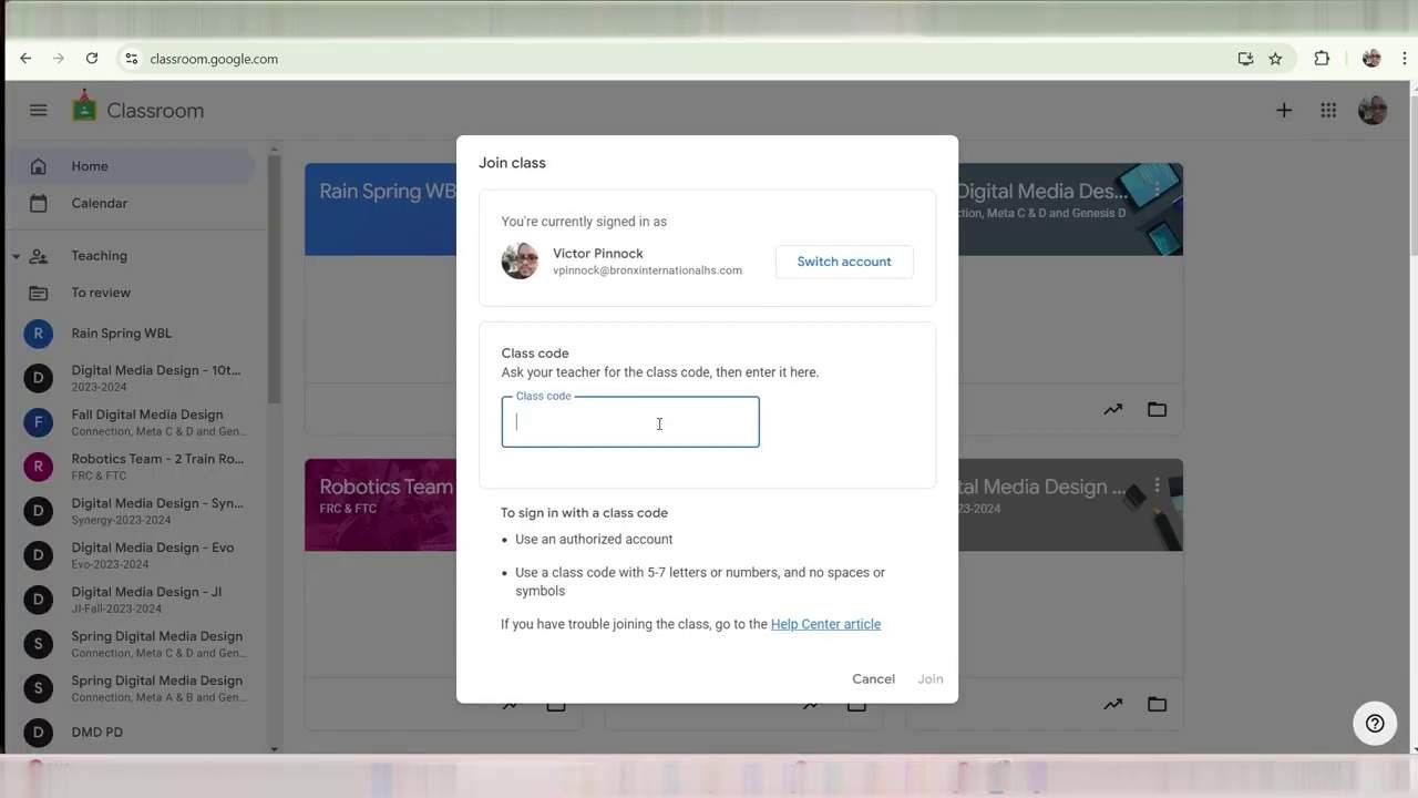 The real Google Classroom Join class dialog, with a field to enter a class code