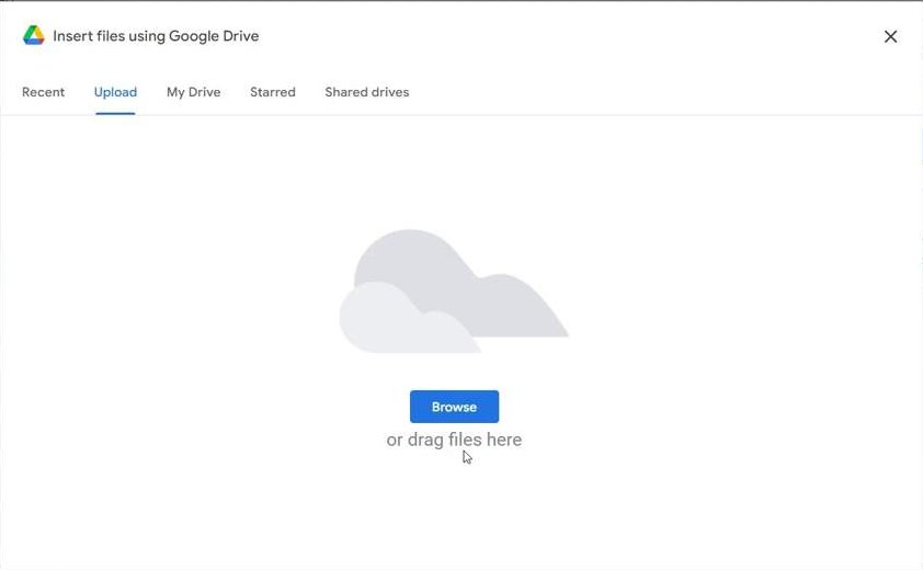 The real Insert files using Google Drive dialog inside a Google Classroom assignment, with an Upload tab and a Browse button