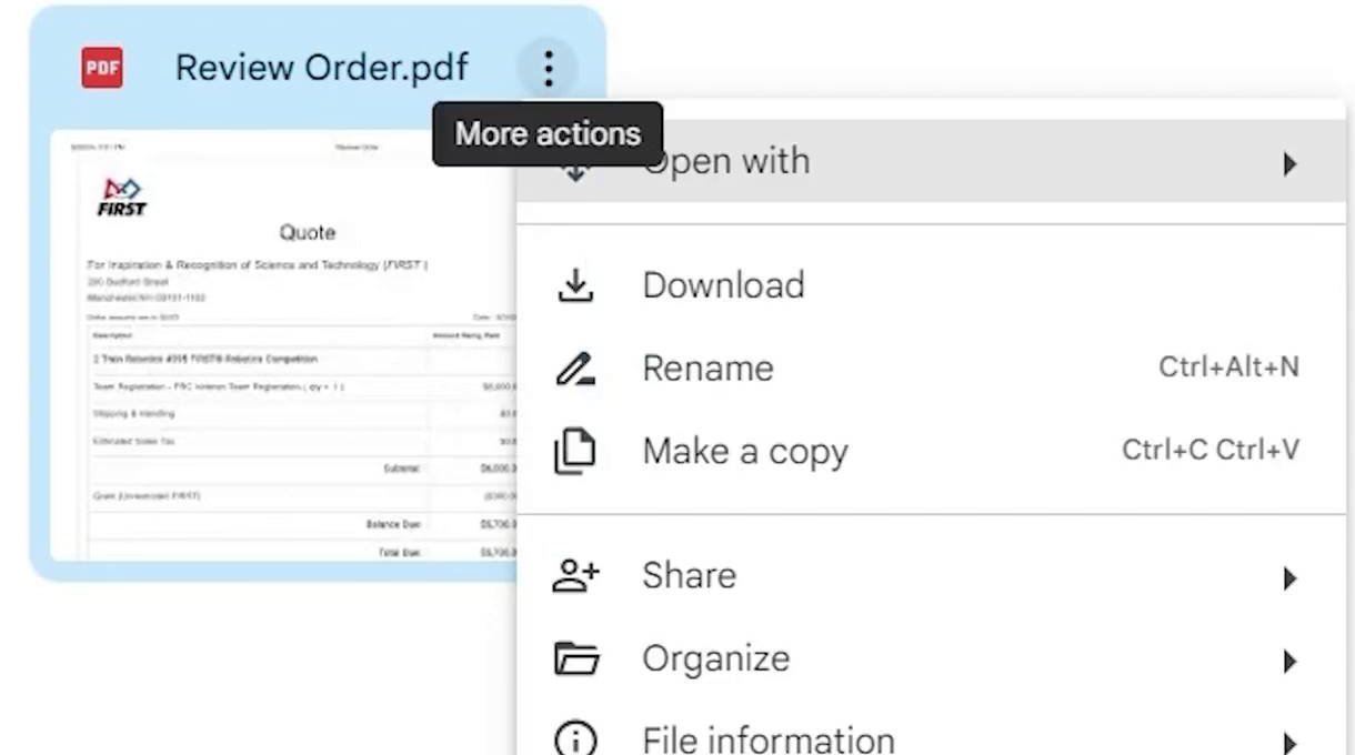The real right-click More actions menu on a Google Drive file, showing Open with, Download, Rename, Make a copy, Share, Organize, and File information